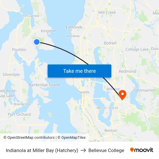 Indianola at Miller Bay (Hatchery) to Bellevue College map