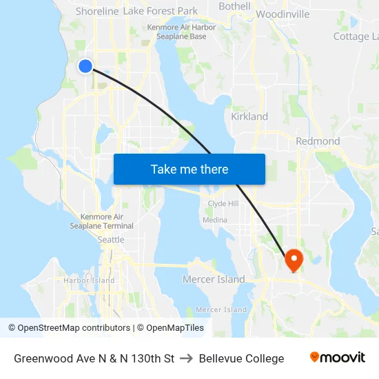 Greenwood Ave N & N 130th St to Bellevue College map