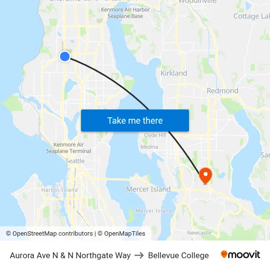 Aurora Ave N & N Northgate Way to Bellevue College map