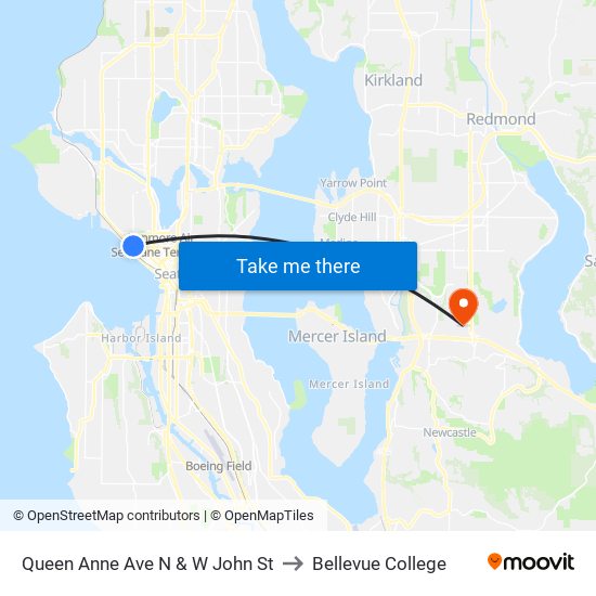 Queen Anne Ave N & W John St to Bellevue College map