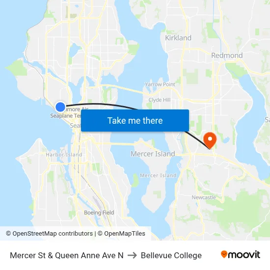 Mercer St & Queen Anne Ave N to Bellevue College map