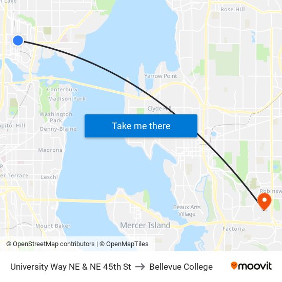 University Way NE & NE 45th St to Bellevue College map