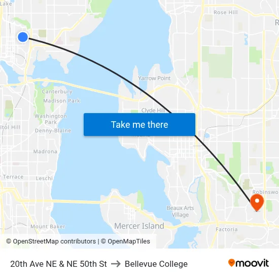 20th Ave NE & NE 50th St to Bellevue College map