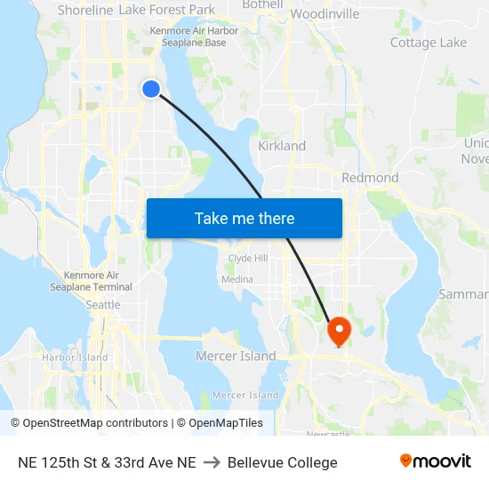 NE 125th St & 33rd Ave NE to Bellevue College map