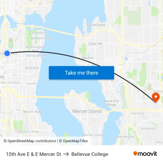 10th Ave E & E Mercer St to Bellevue College map
