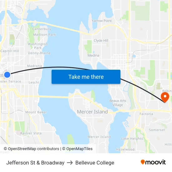 Jefferson St & Broadway to Bellevue College map