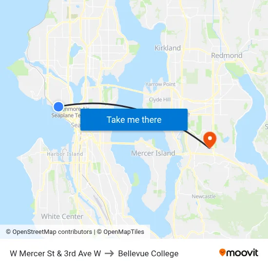 W Mercer St & 3rd Ave W to Bellevue College map