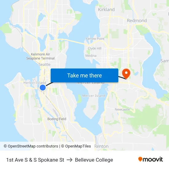 1st Ave S & S Spokane St to Bellevue College map