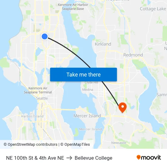 NE 100th St & 4th Ave NE to Bellevue College map