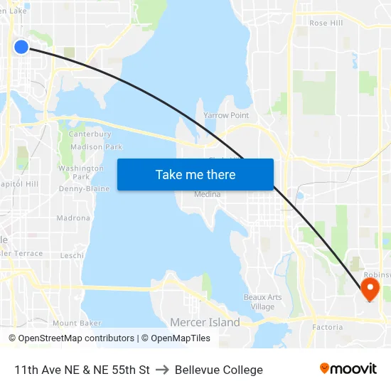 11th Ave NE & NE 55th St to Bellevue College map