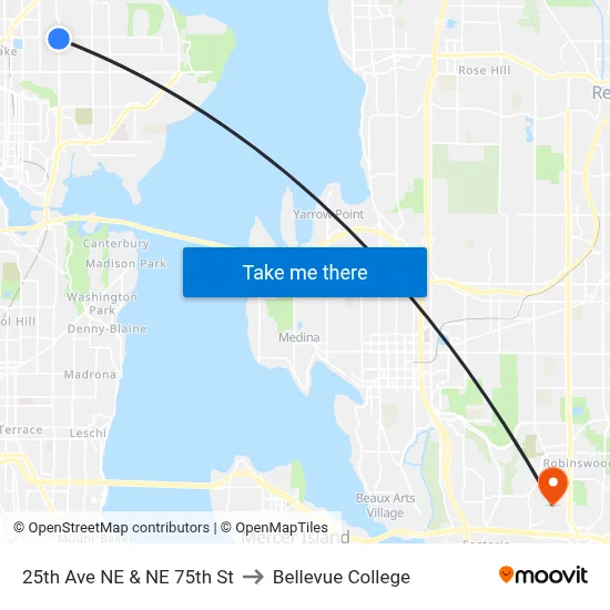 25th Ave NE & NE 75th St to Bellevue College map