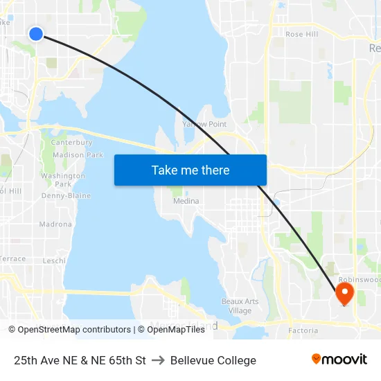 25th Ave NE & NE 65th St to Bellevue College map