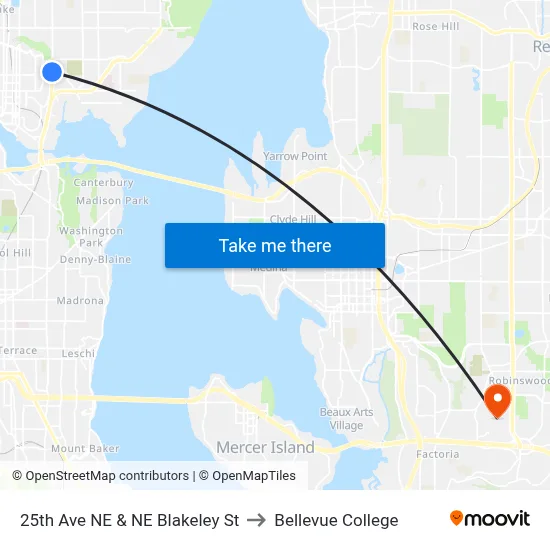 25th Ave NE & NE Blakeley St to Bellevue College map