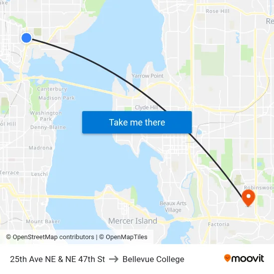 25th Ave NE & NE 47th St to Bellevue College map