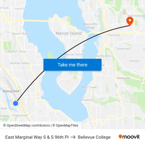 East Marginal Way S & S 96th Pl to Bellevue College map