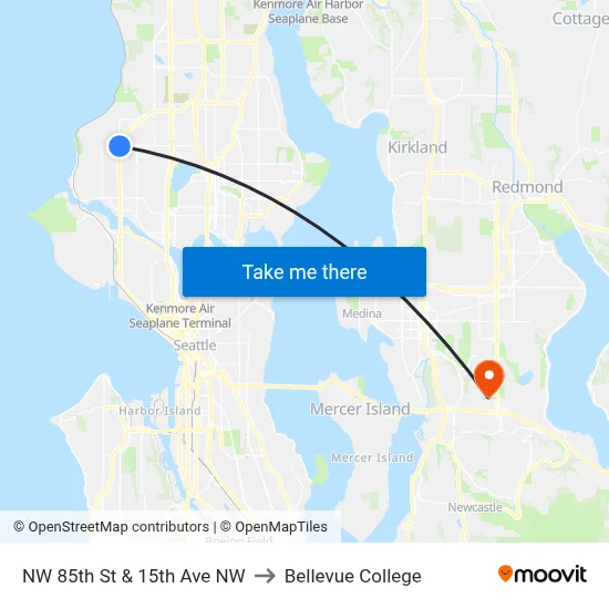 NW 85th St & 15th Ave NW to Bellevue College map