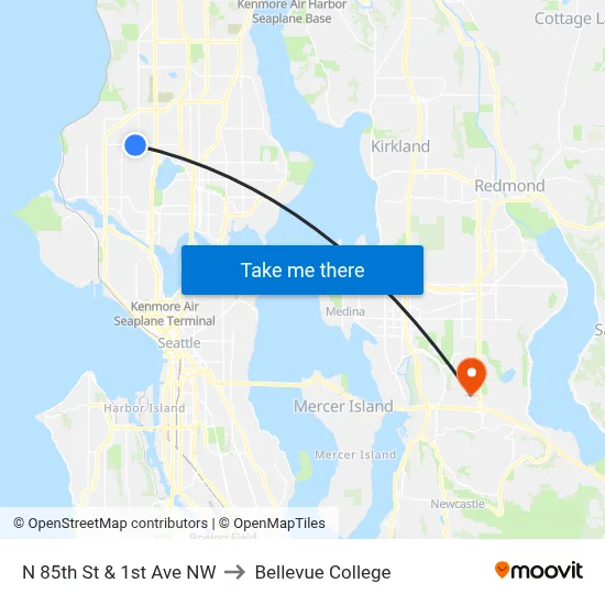N 85th St & 1st Ave NW to Bellevue College map