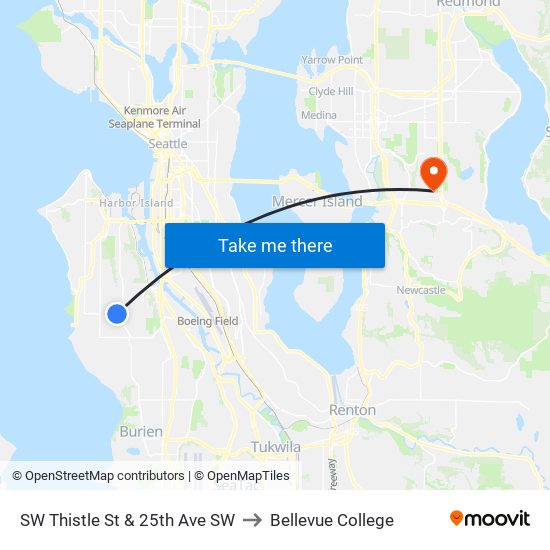 SW Thistle St & 25th Ave SW to Bellevue College map