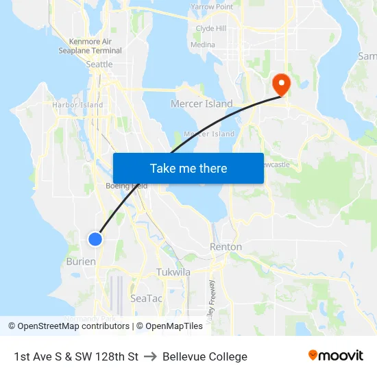 1st Ave S & SW 128th St to Bellevue College map