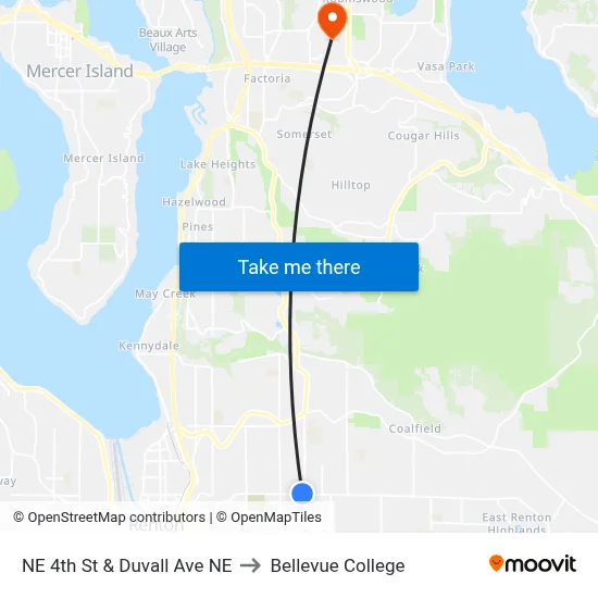 NE 4th St & Duvall Ave NE to Bellevue College map