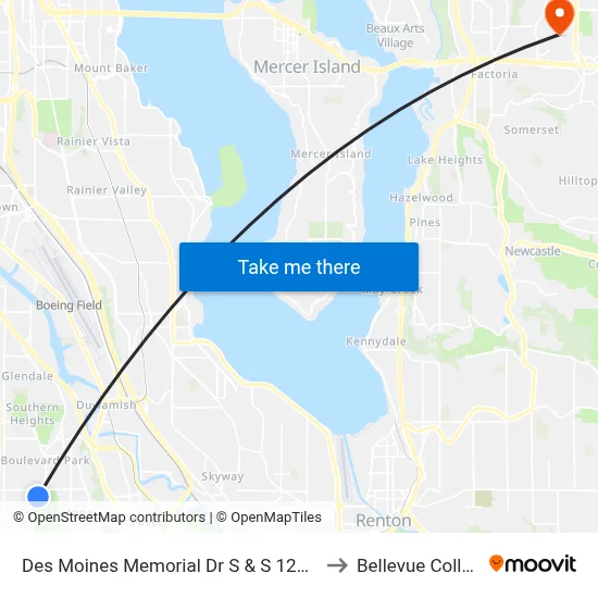 Des Moines Memorial Dr S & S 128th St to Bellevue College map