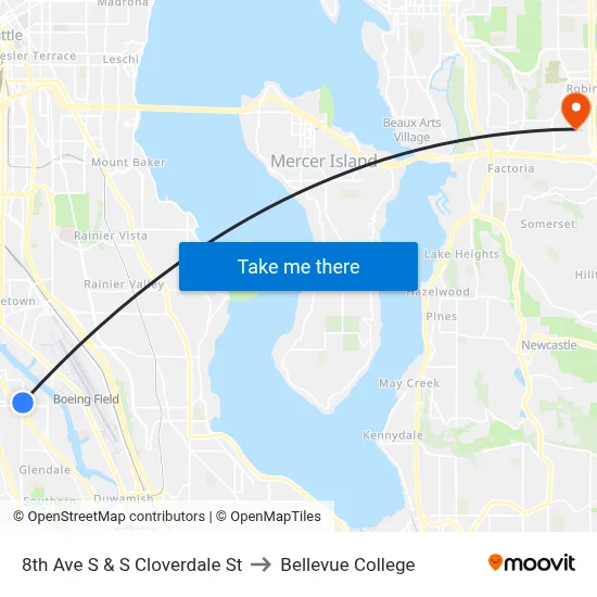 8th Ave S & S Cloverdale St to Bellevue College map