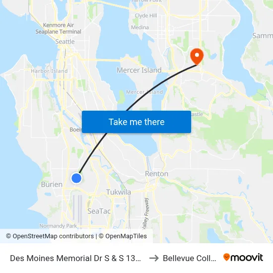 Des Moines Memorial Dr S & S 138th St to Bellevue College map