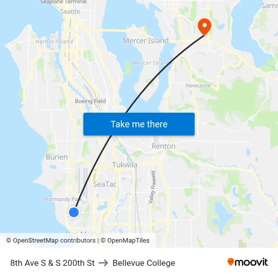8th Ave S & S 200th St to Bellevue College map