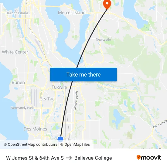 W James St & 64th Ave S to Bellevue College map