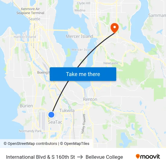 International Blvd & S 160th St to Bellevue College map