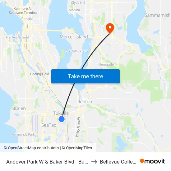 Andover Park W & Baker Blvd - Bay 2 to Bellevue College map