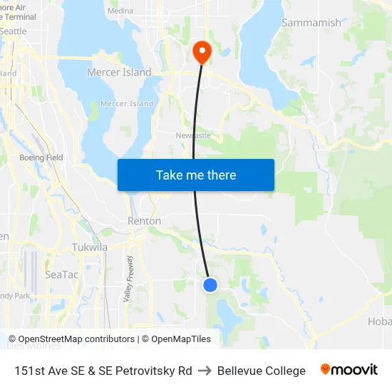 151st Ave SE & SE Petrovitsky Rd to Bellevue College map