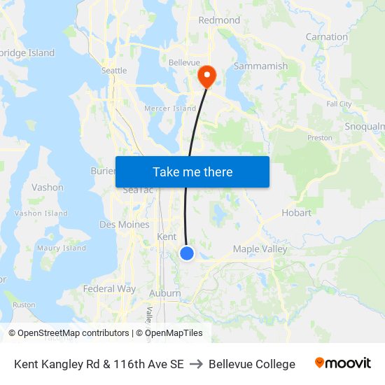 Kent Kangley Rd & 116th Ave SE to Bellevue College map