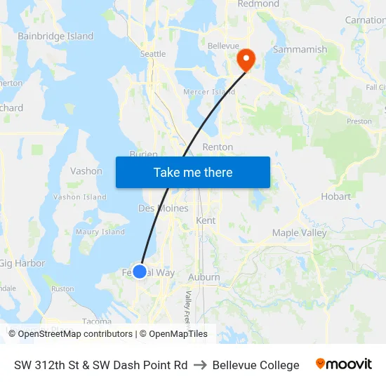 SW 312th St & SW Dash Point Rd to Bellevue College map