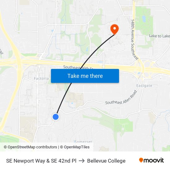 SE Newport Way & SE 42nd Pl to Bellevue College map