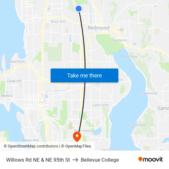 Willows Rd NE & NE 95th St to Bellevue College map