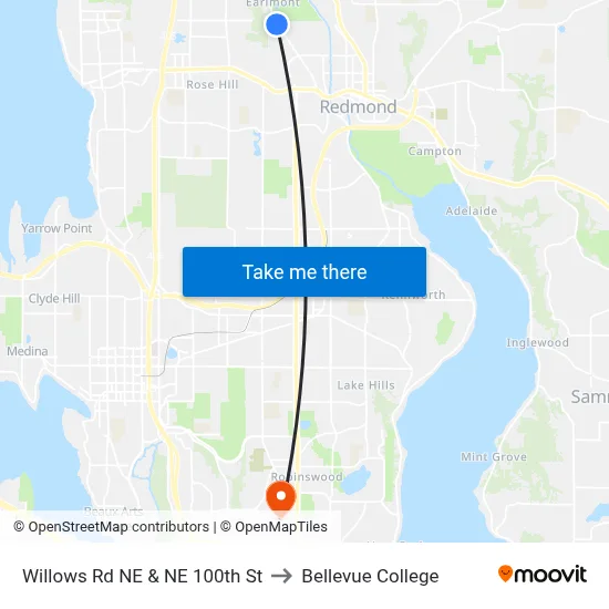 Willows Rd NE & NE 100th St to Bellevue College map