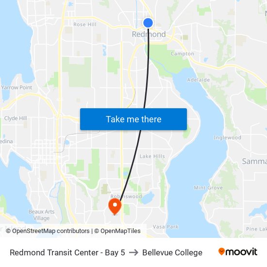 Redmond Transit Center - Bay 5 to Bellevue College map