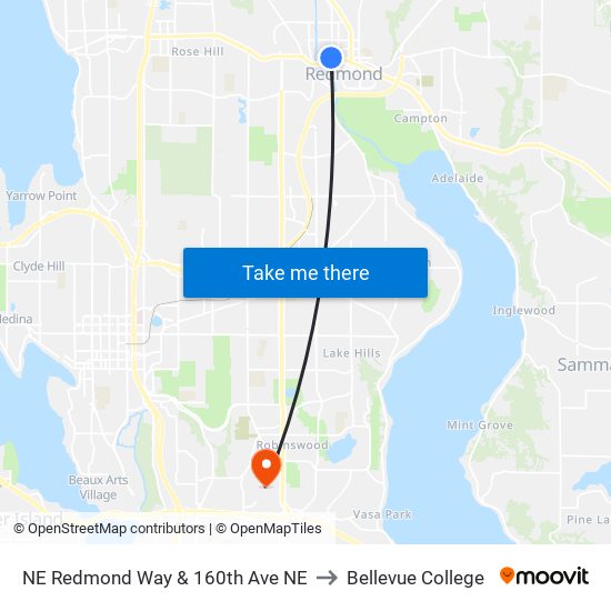NE Redmond Way & 160th Ave NE to Bellevue College map