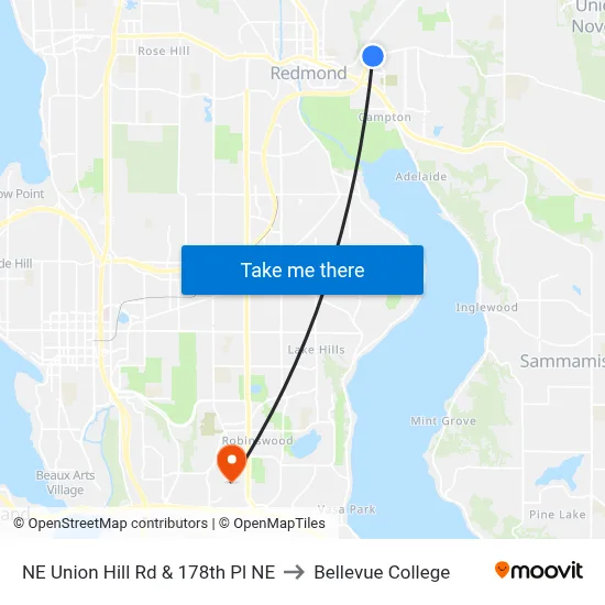 NE Union Hill Rd & 178th Pl NE to Bellevue College map