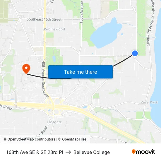 168th Ave SE & SE 23rd Pl to Bellevue College map