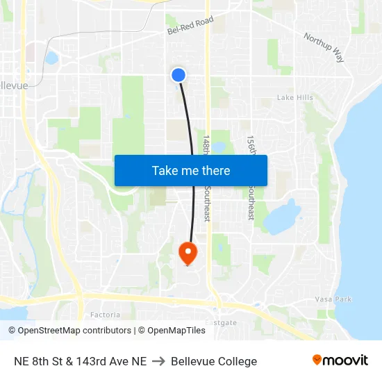 NE 8th St & 143rd Ave NE to Bellevue College map