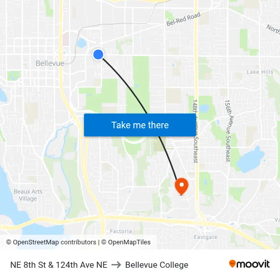 NE 8th St & 124th Ave NE to Bellevue College map