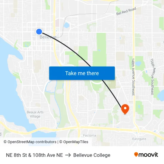 NE 8th St & 108th Ave NE to Bellevue College map