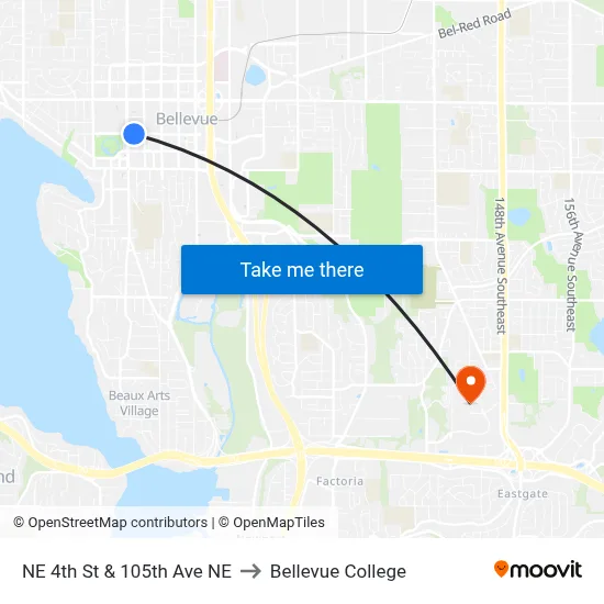 NE 4th St & 105th Ave NE to Bellevue College map