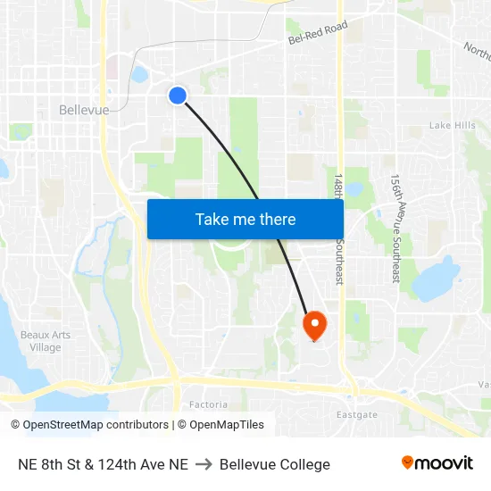 NE 8th St & 124th Ave NE to Bellevue College map