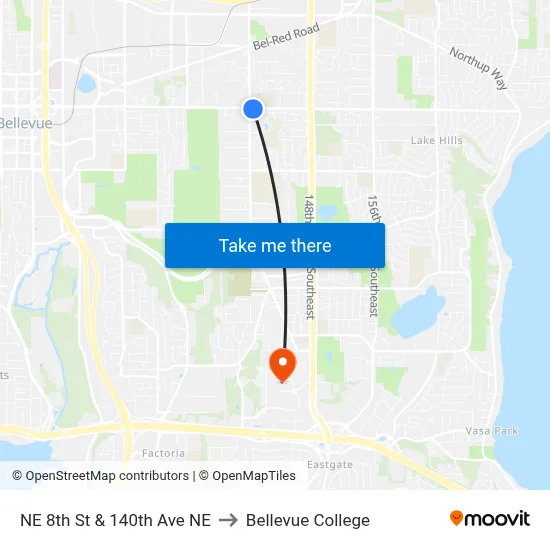 NE 8th St & 140th Ave NE to Bellevue College map
