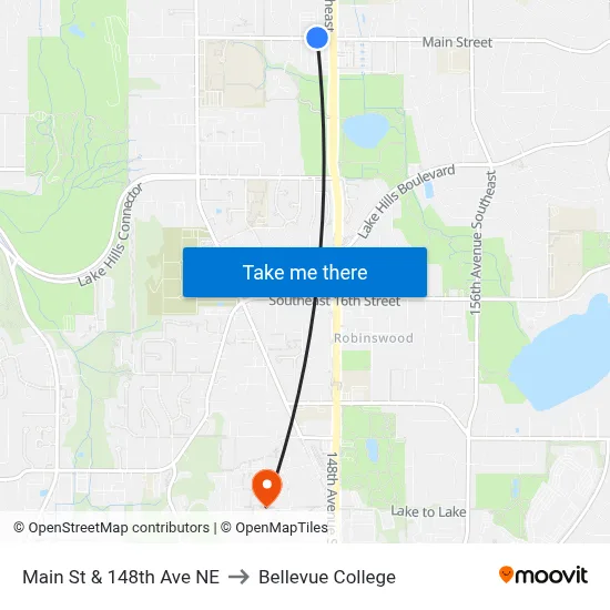Main St & 148th Ave NE to Bellevue College map