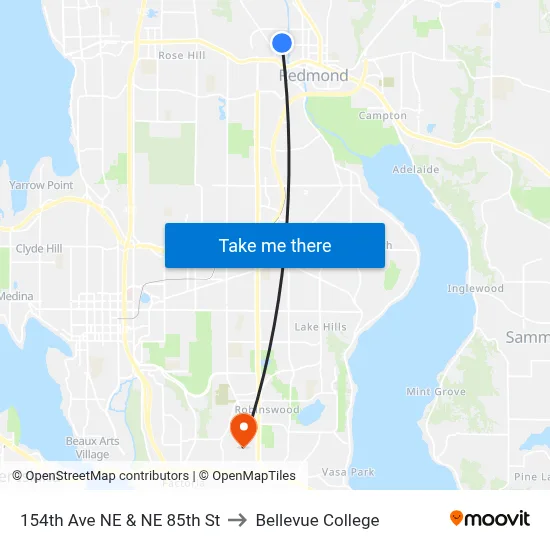 154th Ave NE & NE 85th St to Bellevue College map