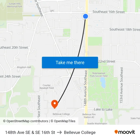 148th Ave SE & SE 16th St to Bellevue College map